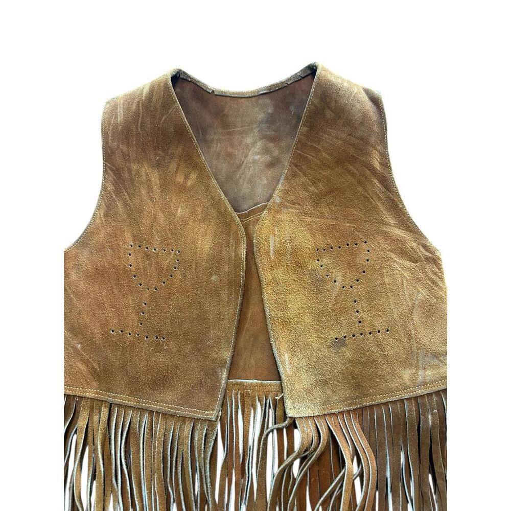 Vintage 70’s Leather Vest Long Fringe & Wine Glass Cocktail Design Boho Western - Picture 2 of 4